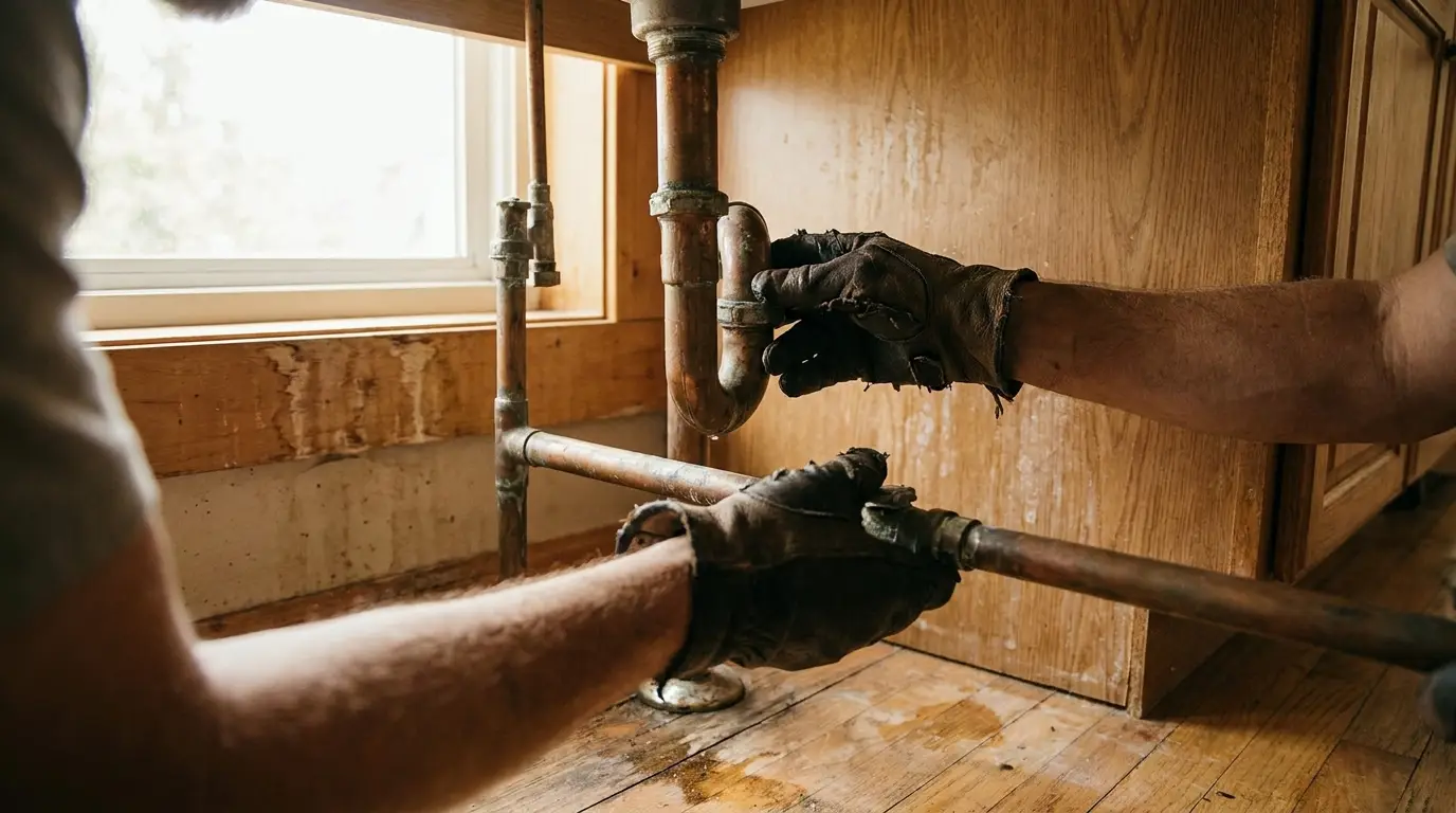 Hands in gloves repairing copper pipes under kitchen sink in warm wooden setting