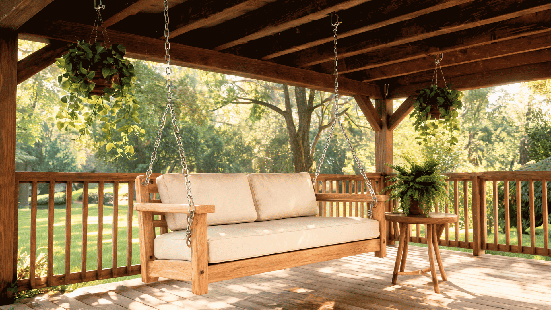 DIY wooden porch swing hanging from a covered porch with cushions, chains, and outdoor seating area.