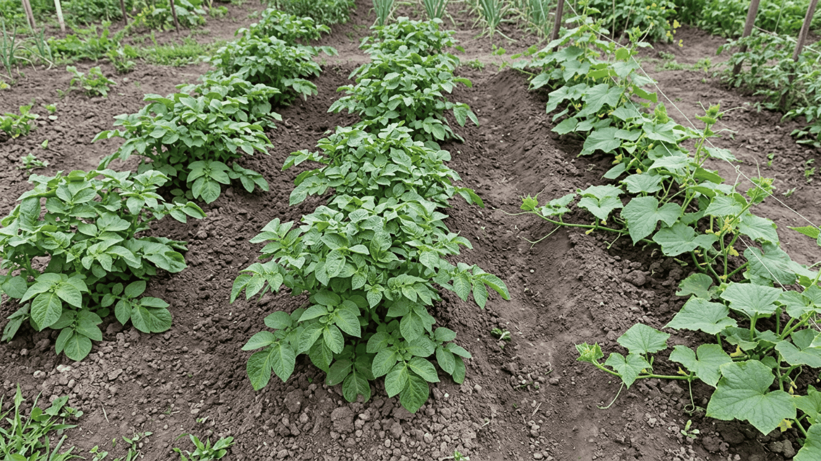 Potato plants growing in a garden bed separate from cucumber vines
