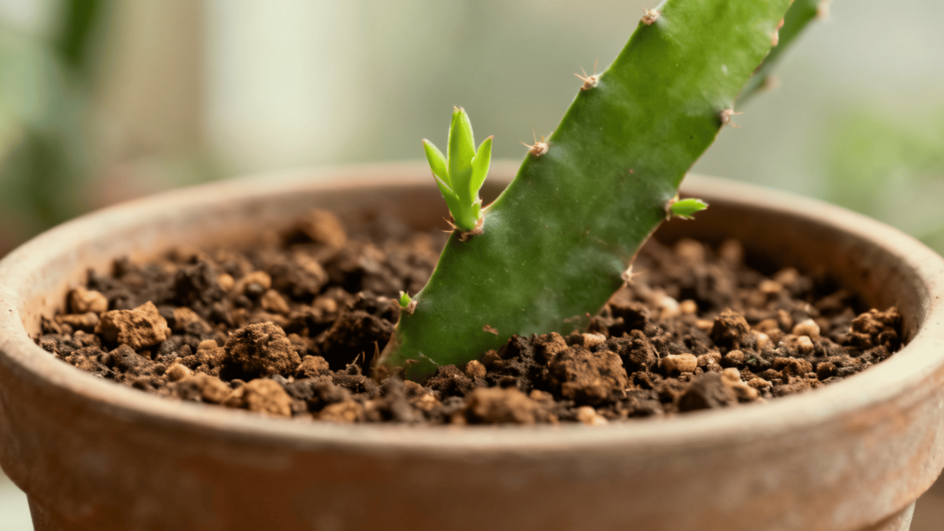 Dragon fruit cutting planted in pot with well-draining soil for root development.