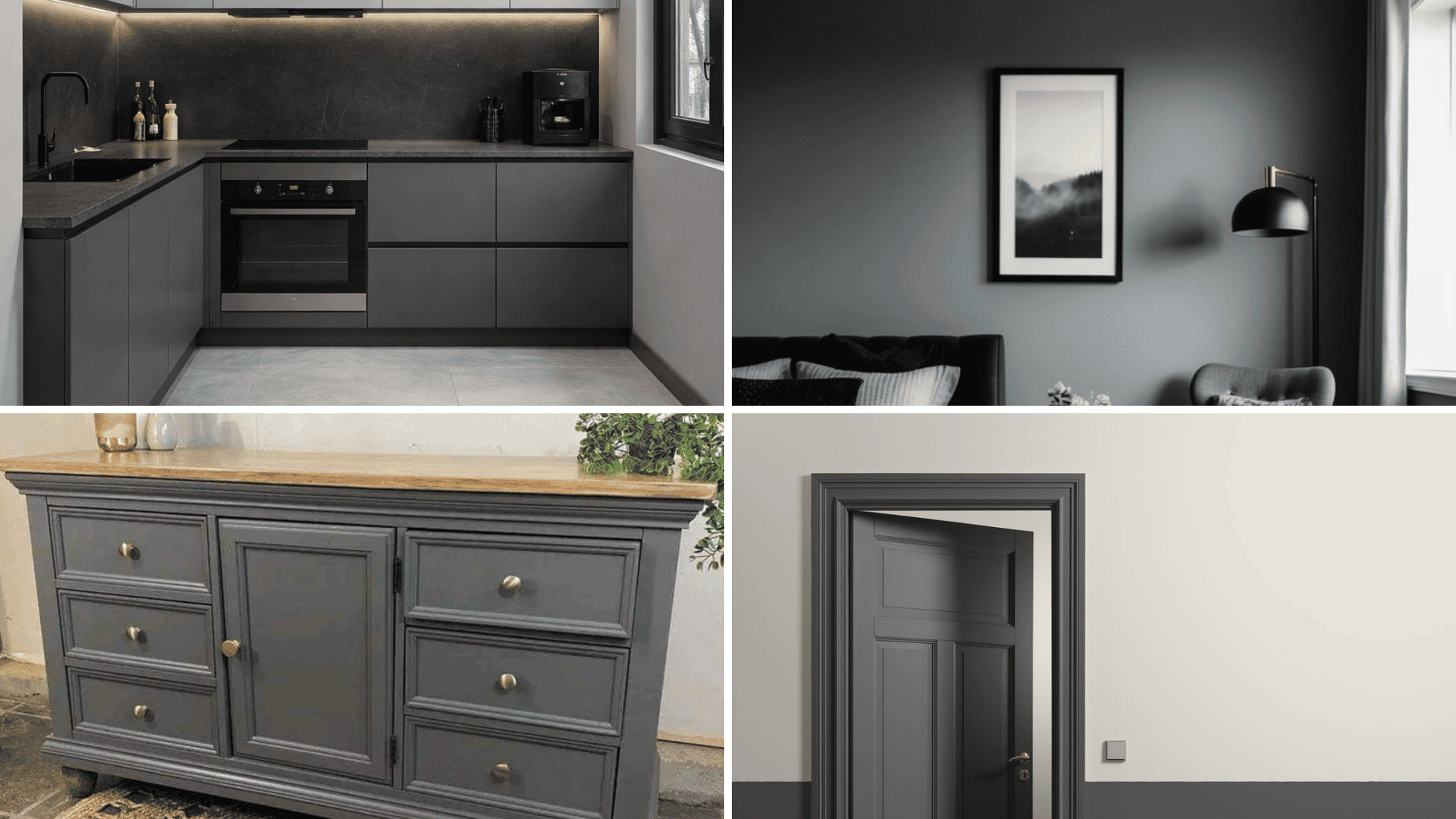 Graphite's color in different rooms like the kitchen, furniture, and bedroom.