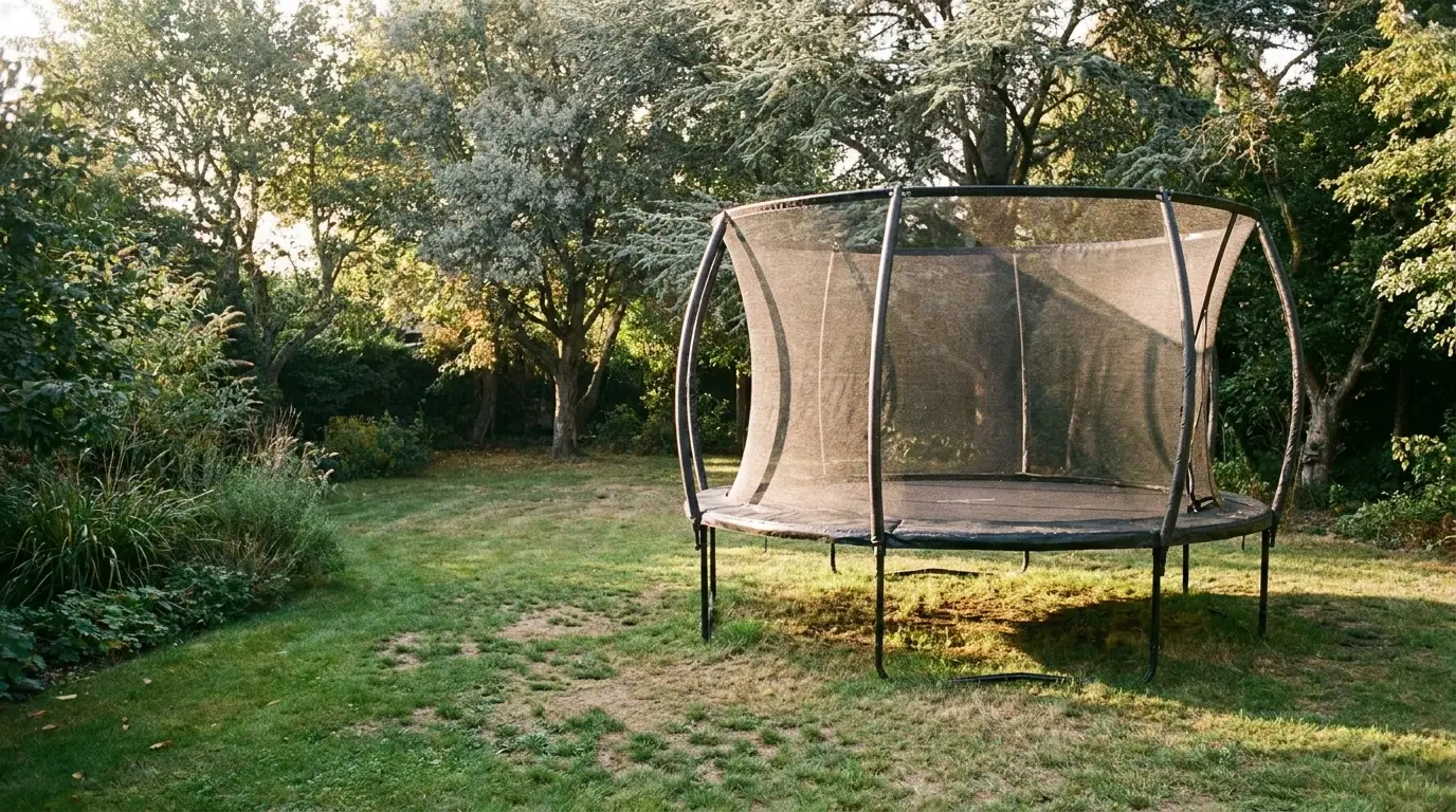 Trampoline with safety net in sunny backyard surrounded by trees and grass