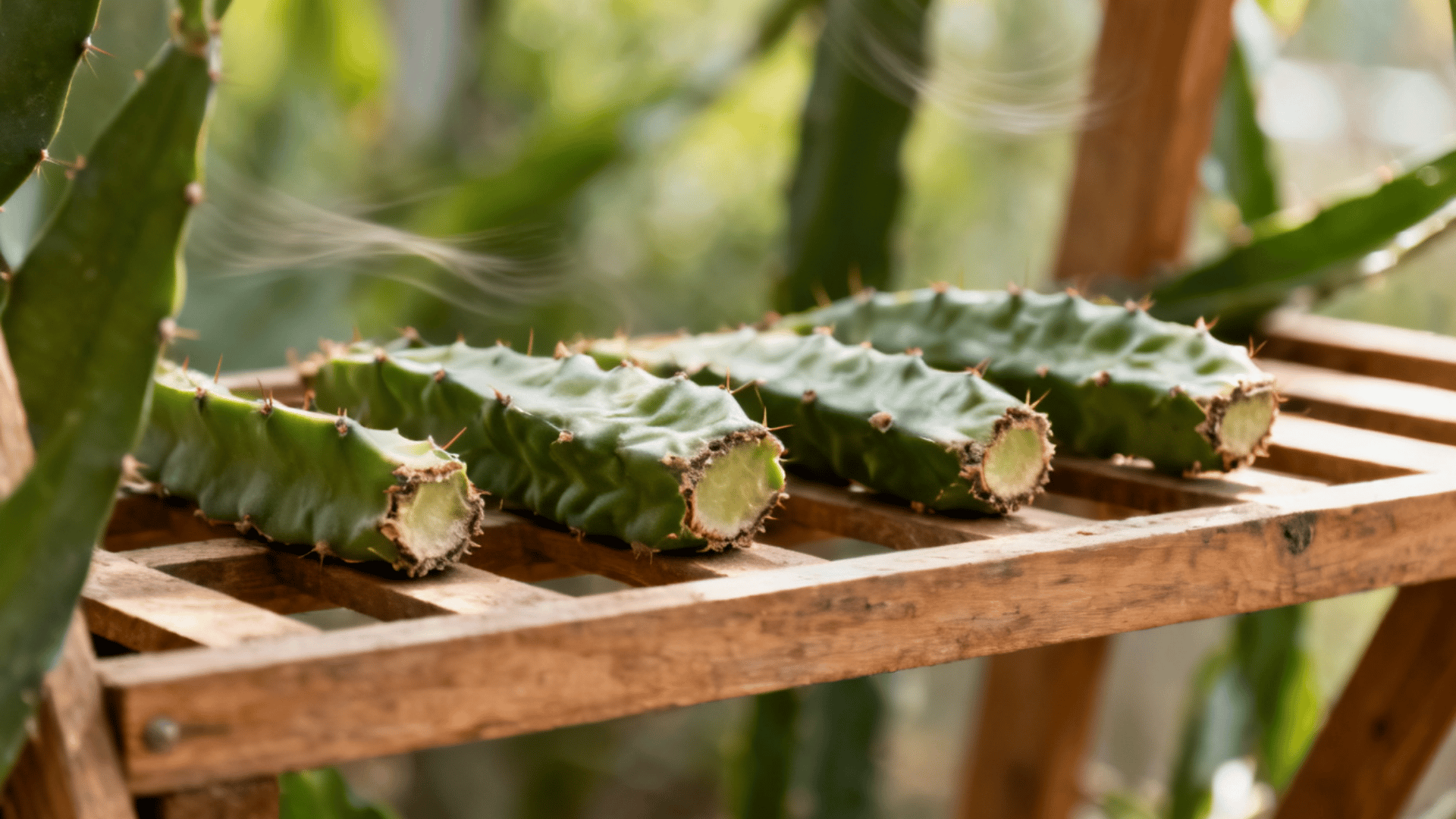 Dragon fruit cuttings drying in shaded area for callus formation before planting.