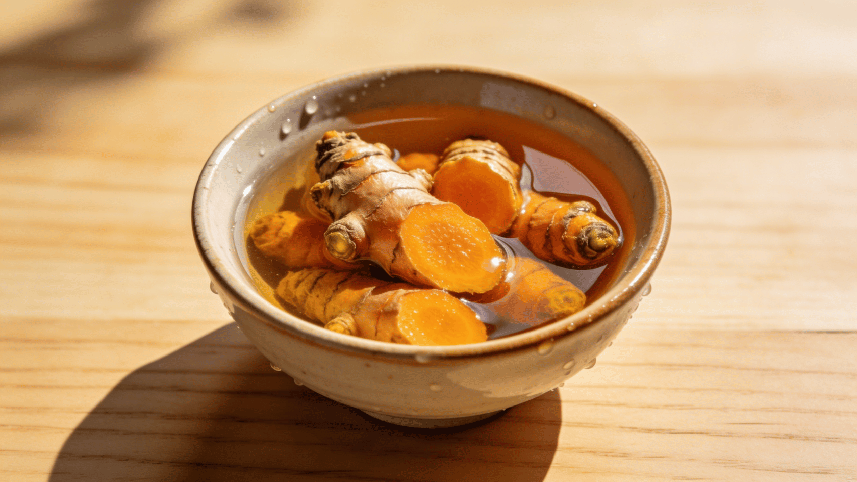 Turmeric rhizomes soaked in a bowl of warm water on a wooden surface