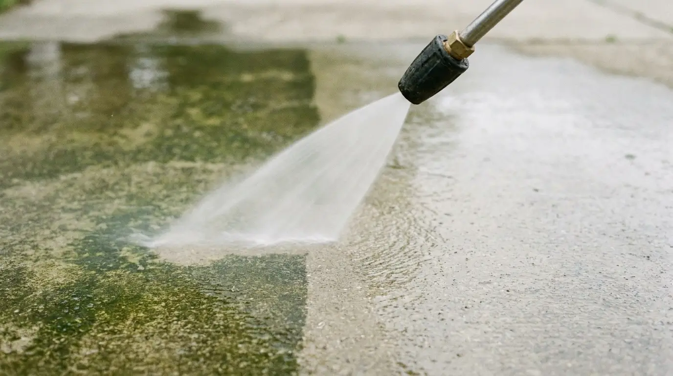 Pressure washing a concrete surface outdoors with visible dirt and clean area contrast