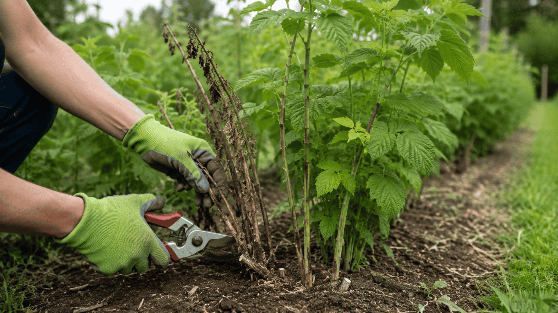 Gardener pruning old raspberry canes near healthy green growth in a garden row.