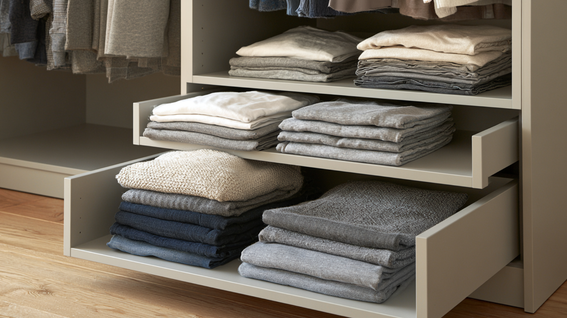 pull-out closet drawers with neatly folded clothes stacked in organized wardrobe storage