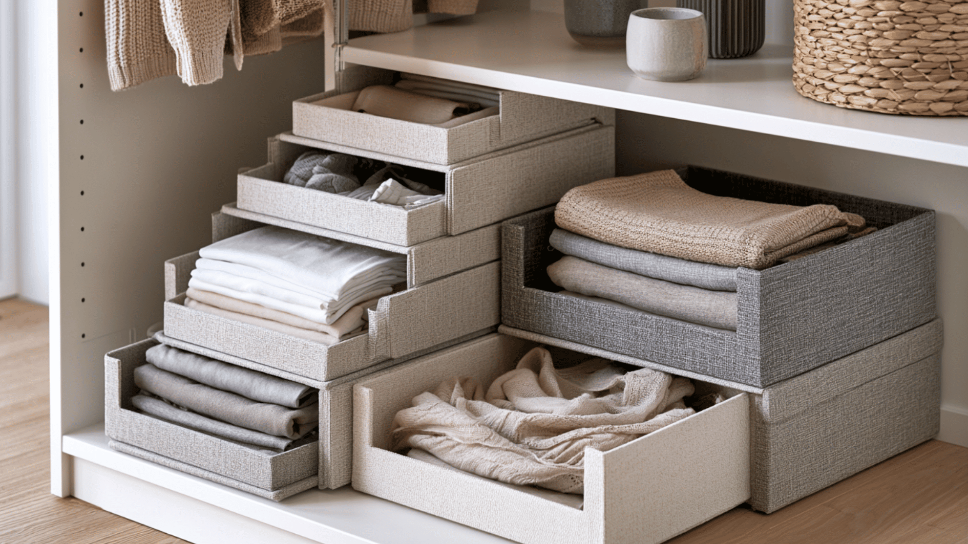 pull-out fabric storage drawers with neatly folded neutral clothing inside a closet shelf