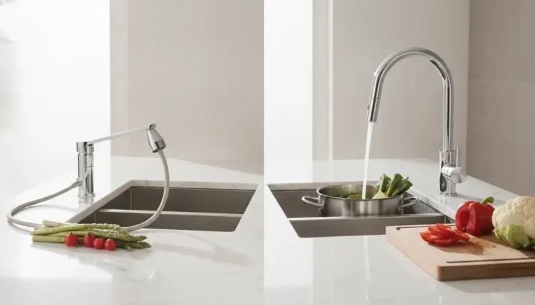 Modern kitchen sink with chrome faucet and fresh vegetables being rinsed in stainless steel pot