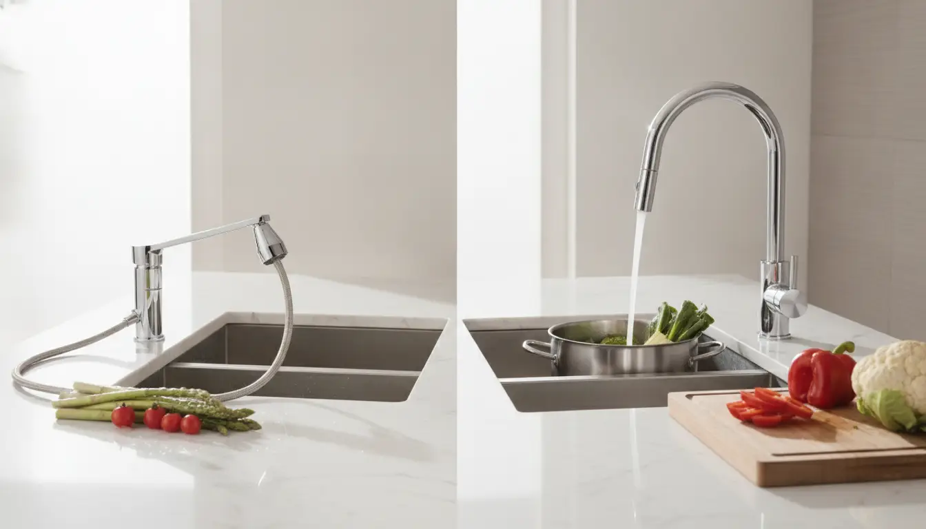 Modern kitchen sink with chrome faucet and fresh vegetables being rinsed in stainless steel pot