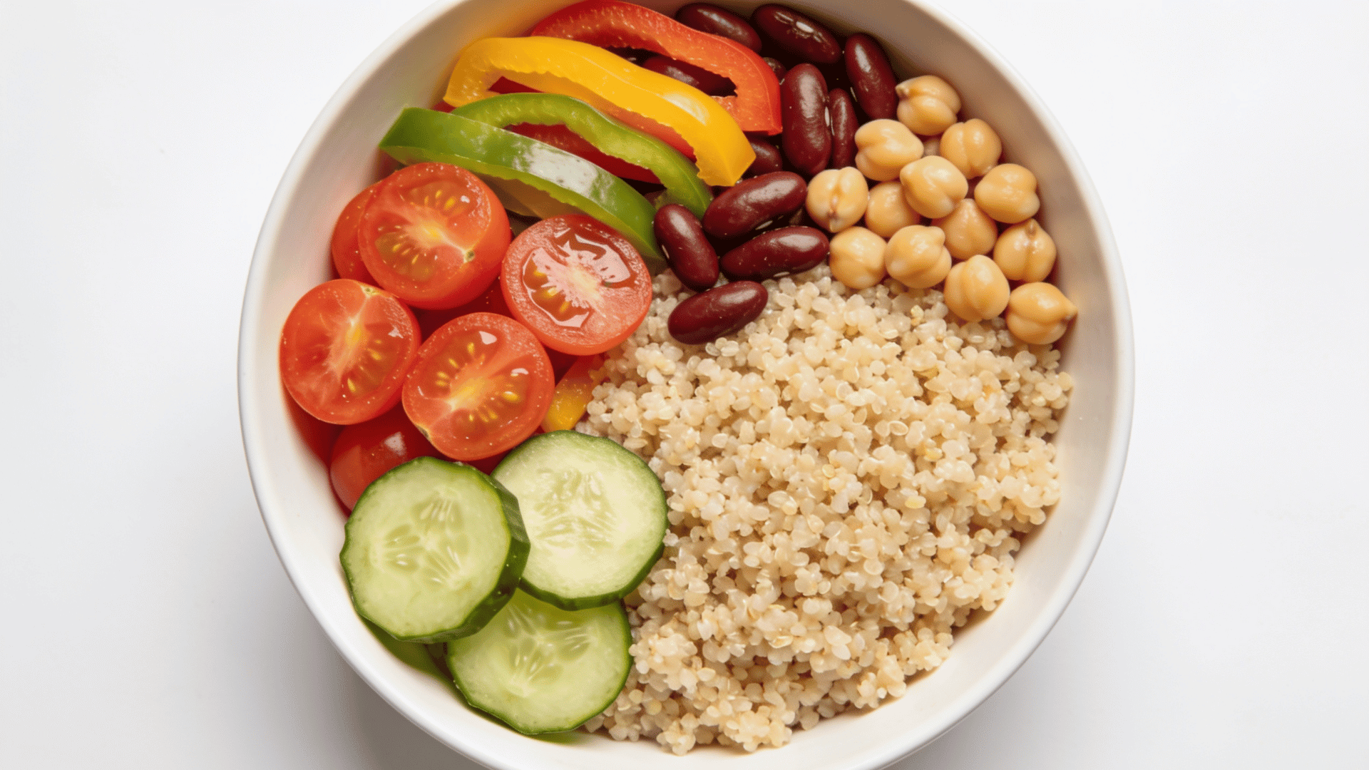 quinoa bowl with chickpeas, kidney beans, cherry tomatoes, cucumber slices, and colorful bell peppers arranged in a white bowl.