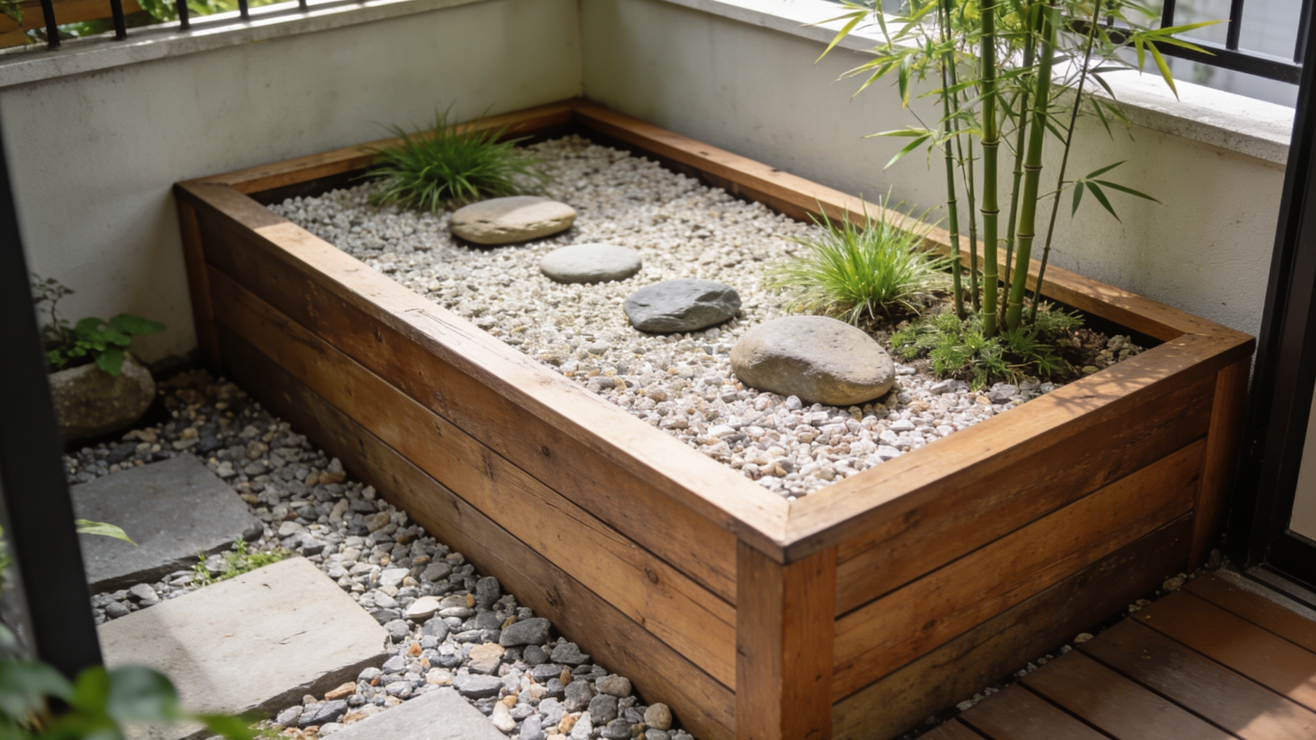raised wooden zen garden bed with gravel, stepping stones, bamboo, and ornamental grasses