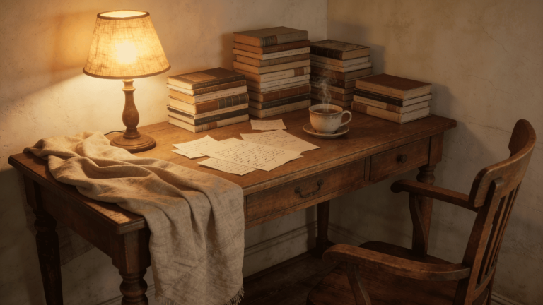 Warm lamp lights a wooden desk with stacked books, handwritten notes, a steaming cup, and a chair.