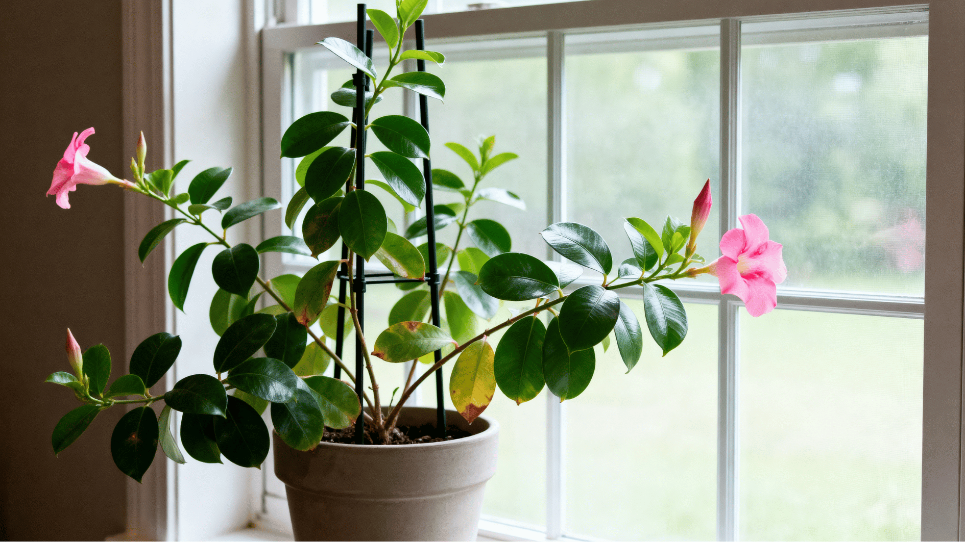 real life unedited indoor smartphone photo of mandevilla vine in pot with support near window pink trumpet flowers glossy leaves leaves