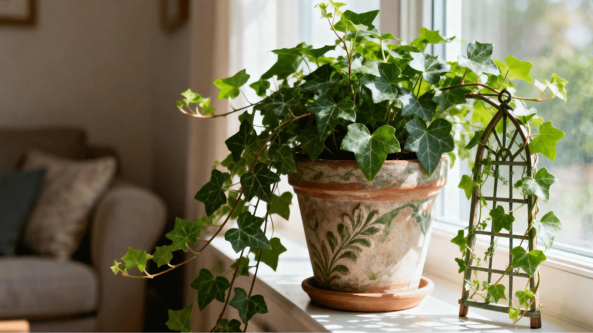 realistic indoor photo of english ivy in clay pot climbing small trellis with lush green leaves near bright window light