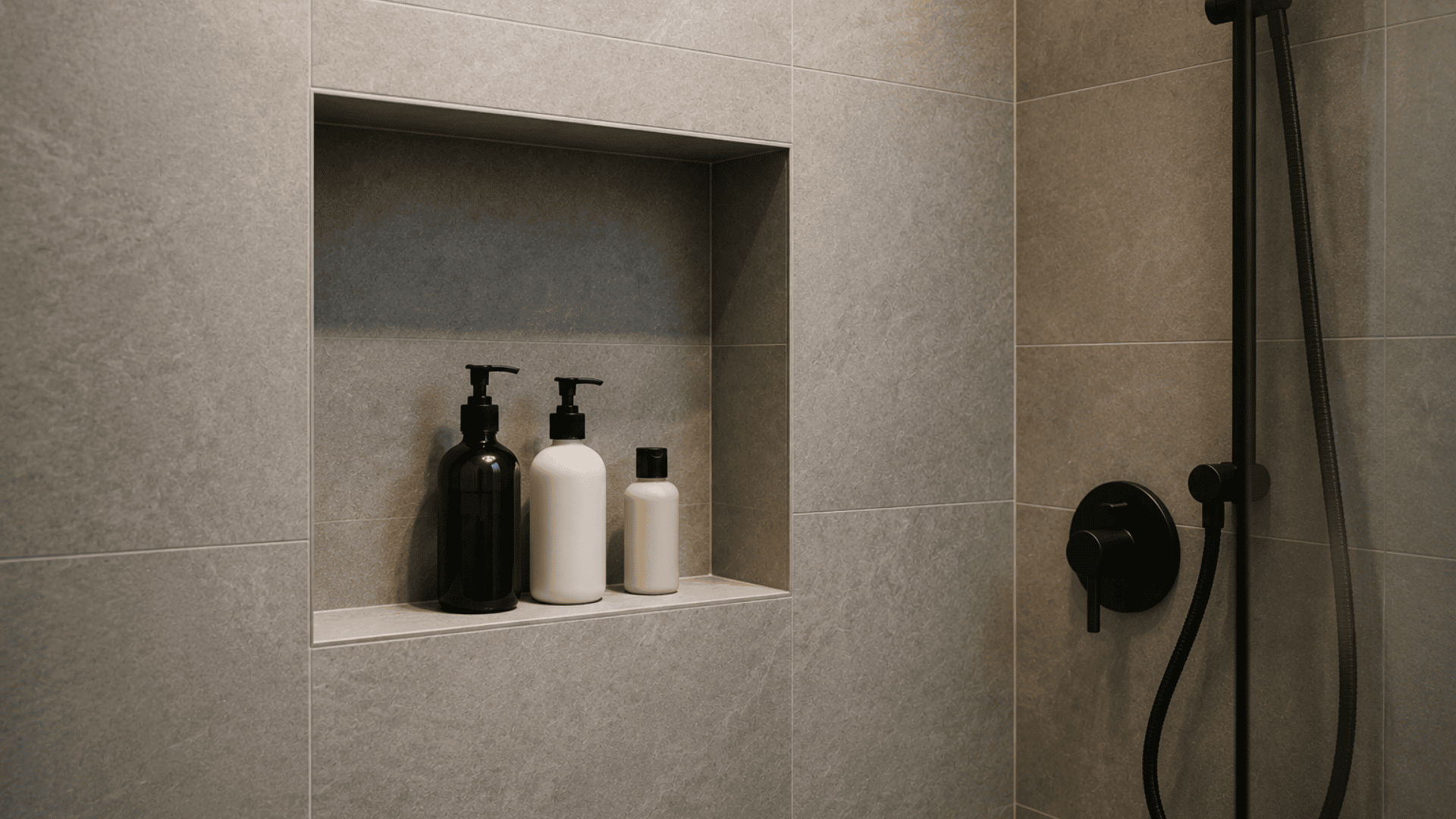 Bathroom wall with recessed shelves for storage
