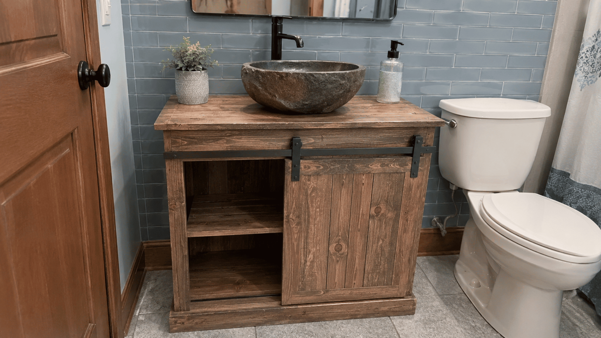 reclaimed barn wood table bathroom vanity diy style finish simple blue design tiled bathroom wall setup with indoor lighting