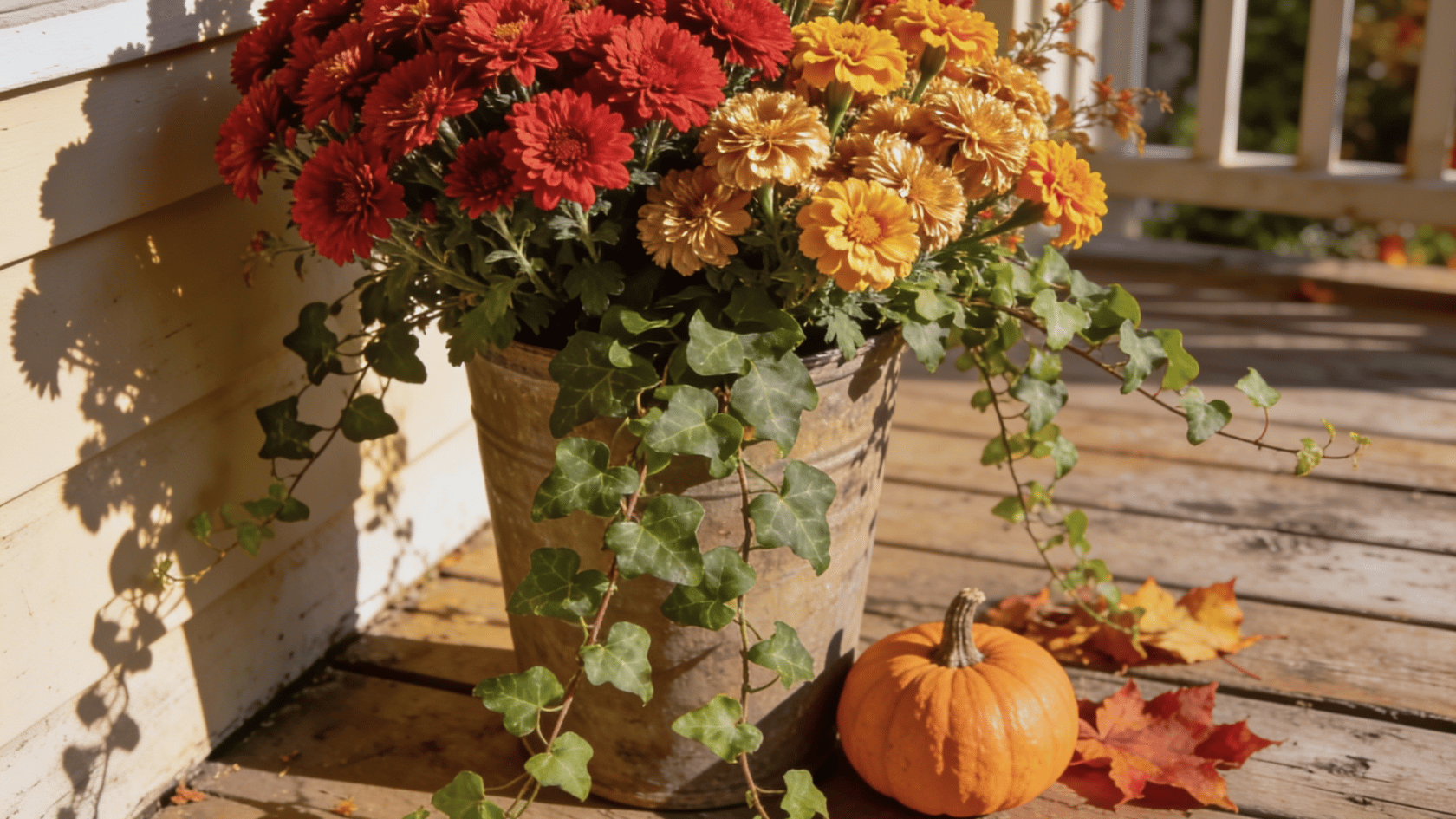 Container with red mums, golden marigolds, trailing ivy, and a small orange pumpkin on a porch