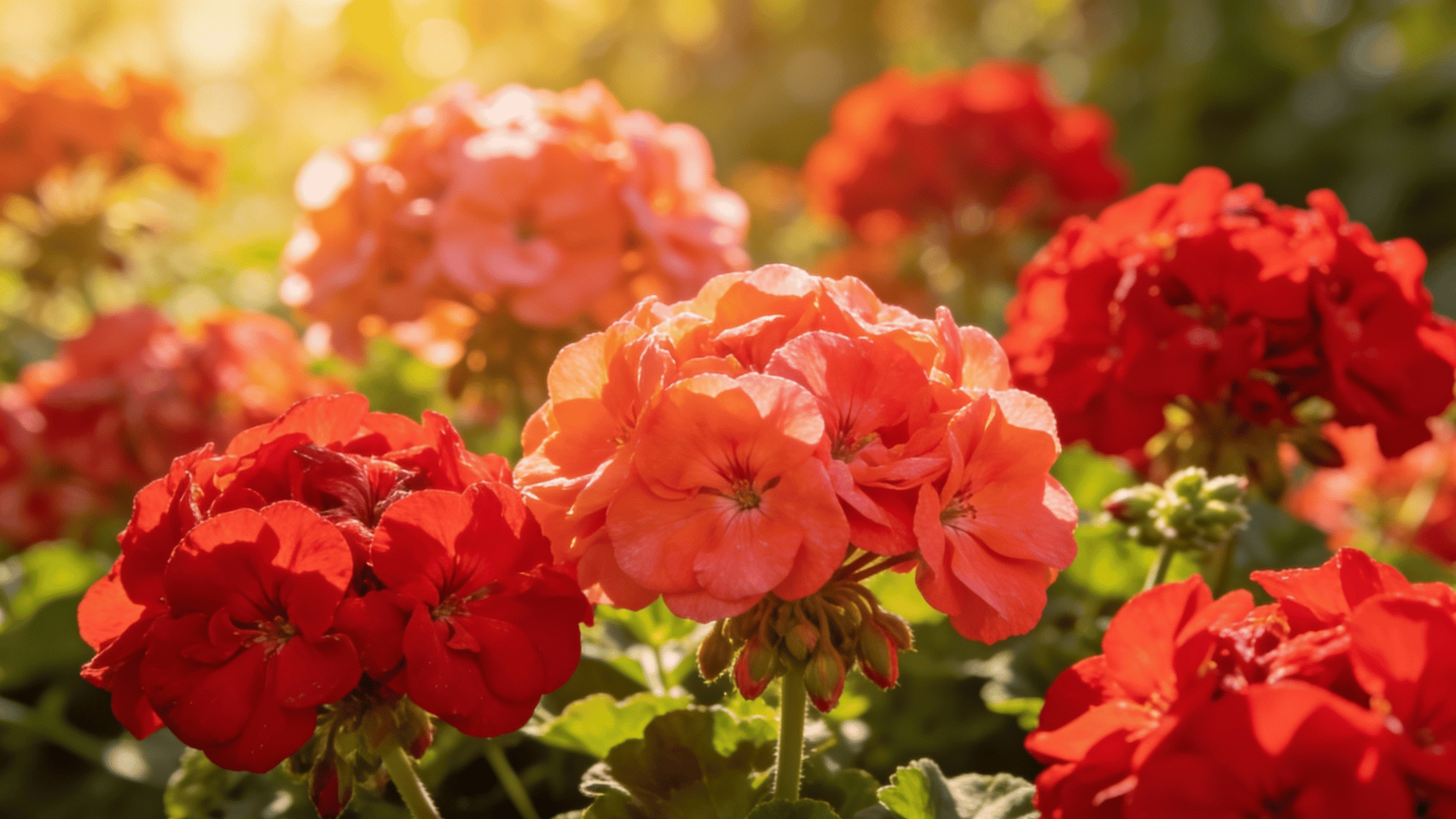 red and pink geranium flowers blooming in a sunny garden with lush green leaves and soft golden light