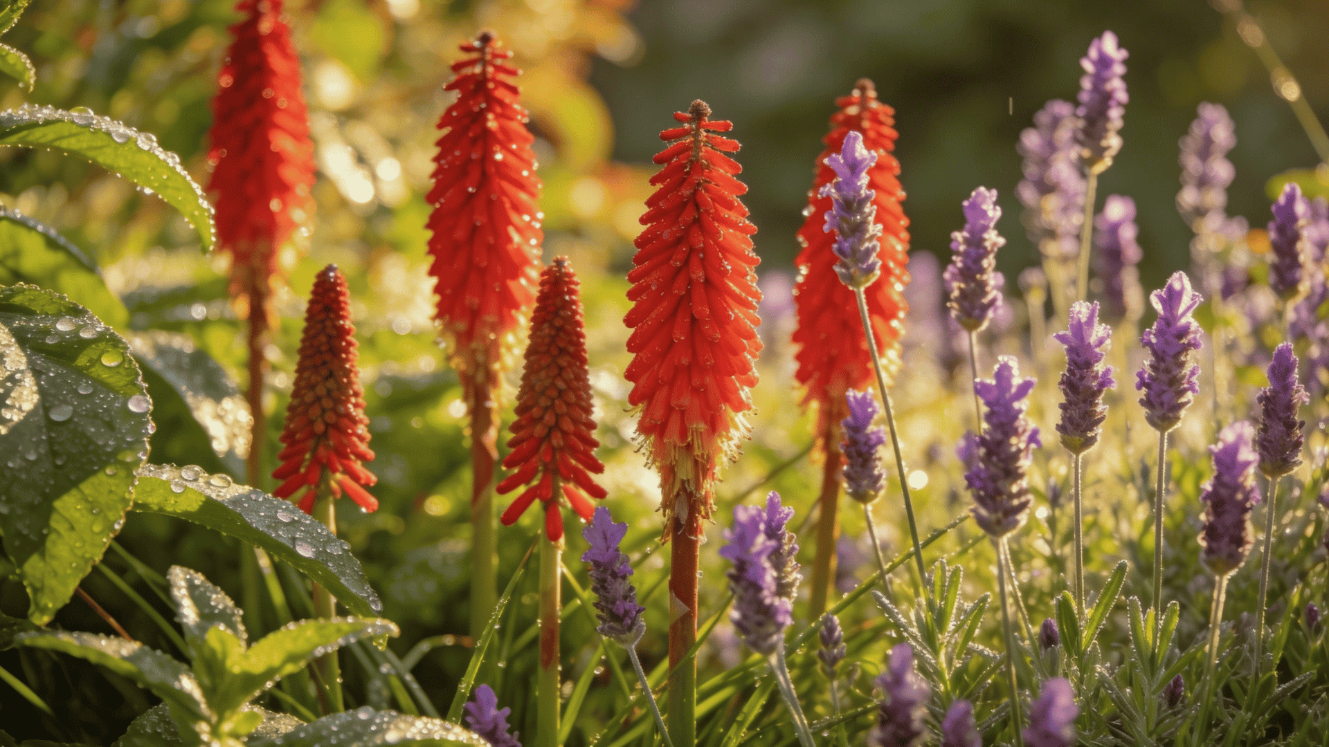 Tall red hot poker flower spikes rising above lavender in a bold, layered garden design.