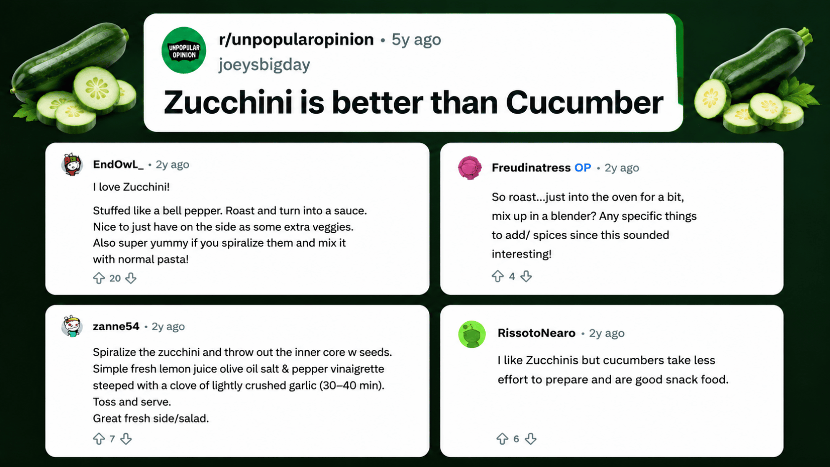 Reddit-style opinions on cucumbers and zucchinis with user comments and veggie visuals.
