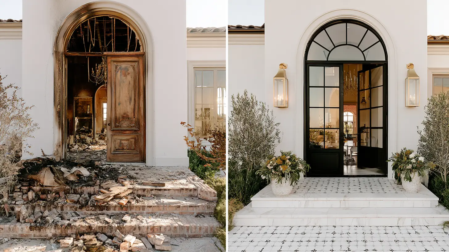 Restored arched entryway with large glass doors and potted plants, before and after transformation