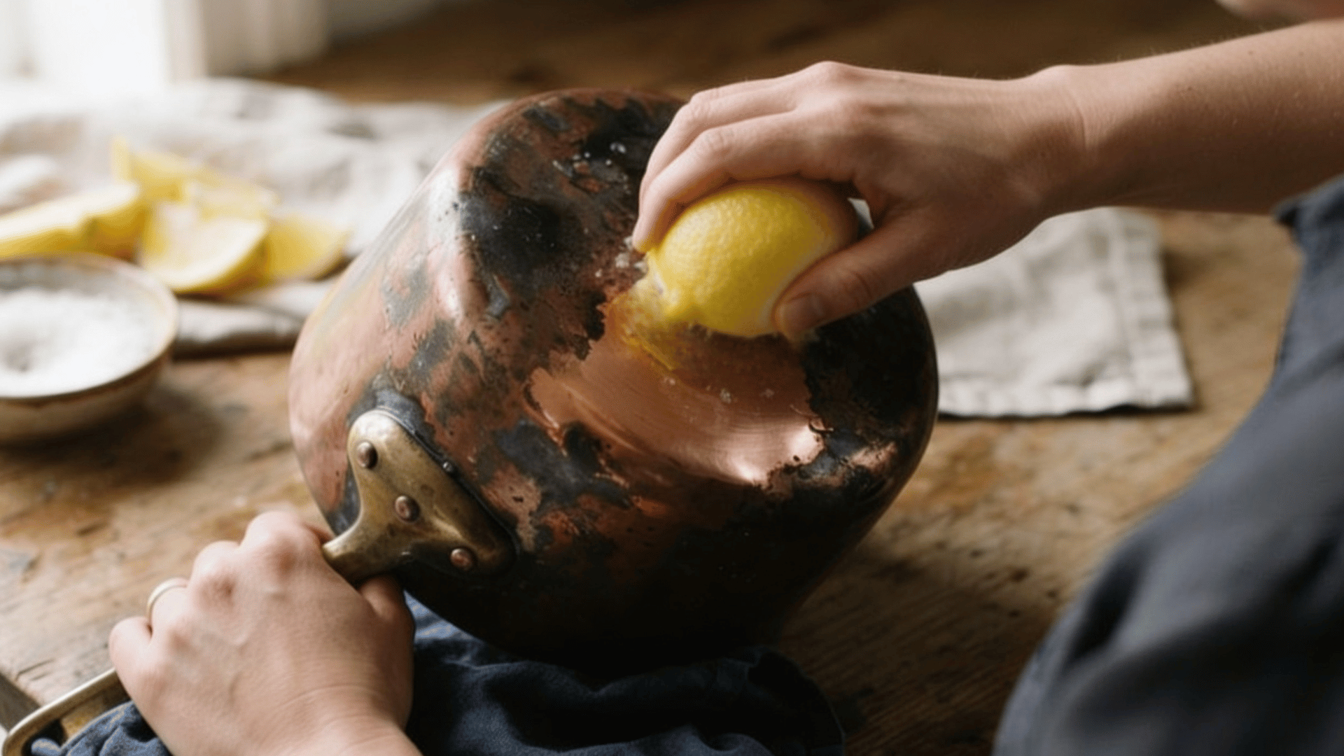 removing tarnish from a copper pan base with gentle cleaning using salt and a soft cloth in kitchen sink