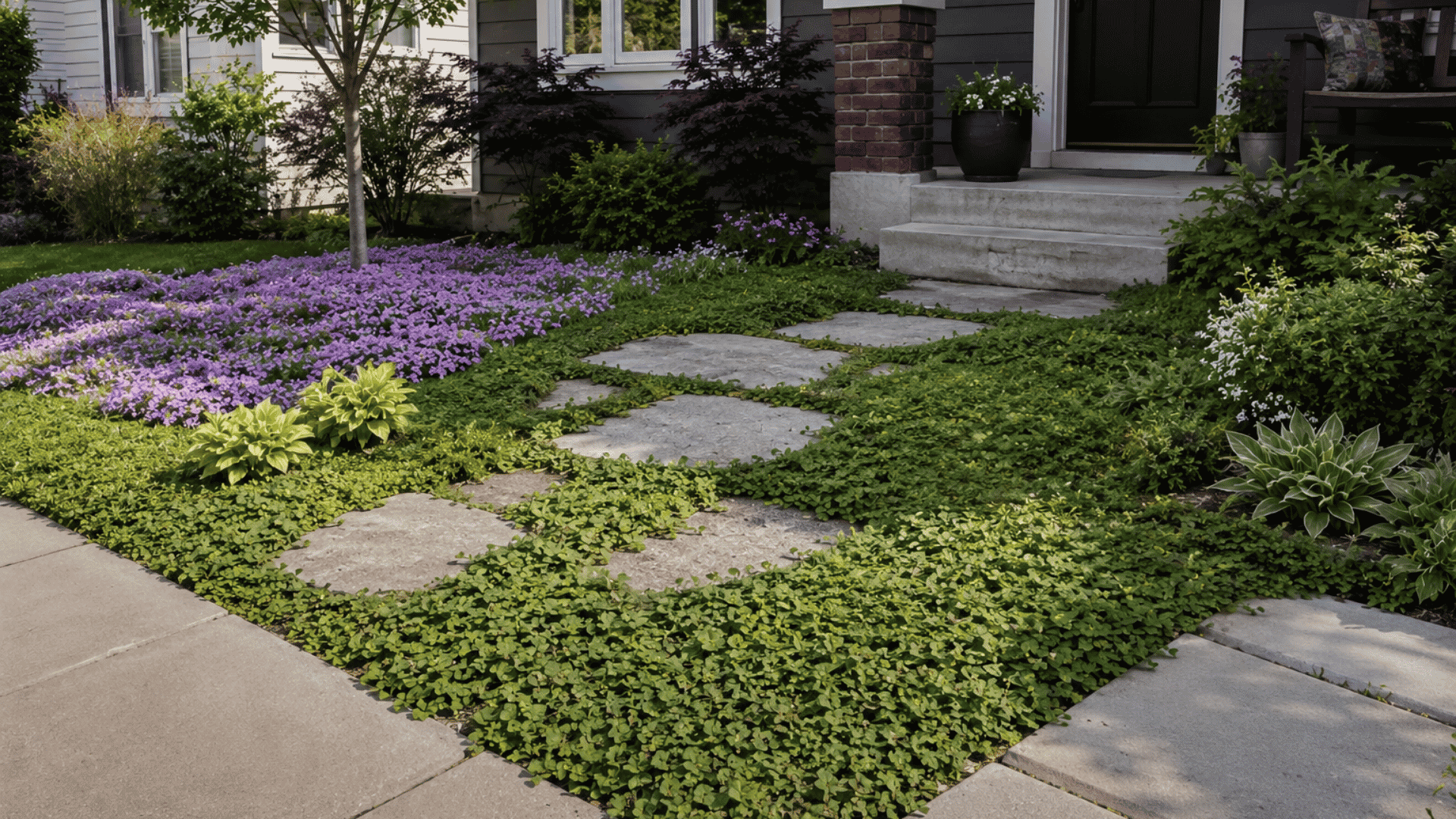 Front yard with stone stepping path in lush green groundcover, surrounded by shrubs and flowers in a low-maintenance no-mow landscape design