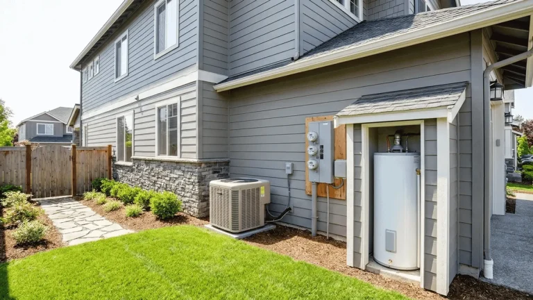 Modern gray house exterior with air conditioning unit and water heater in landscaped backyard