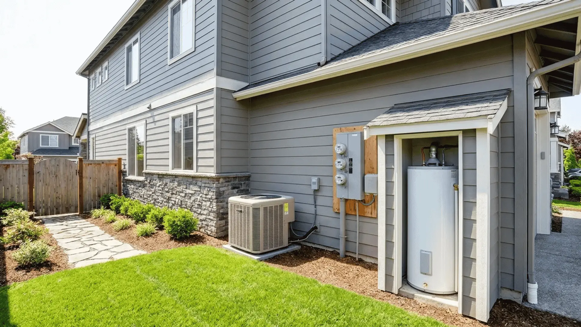 Modern gray house exterior with air conditioning unit and water heater in landscaped backyard