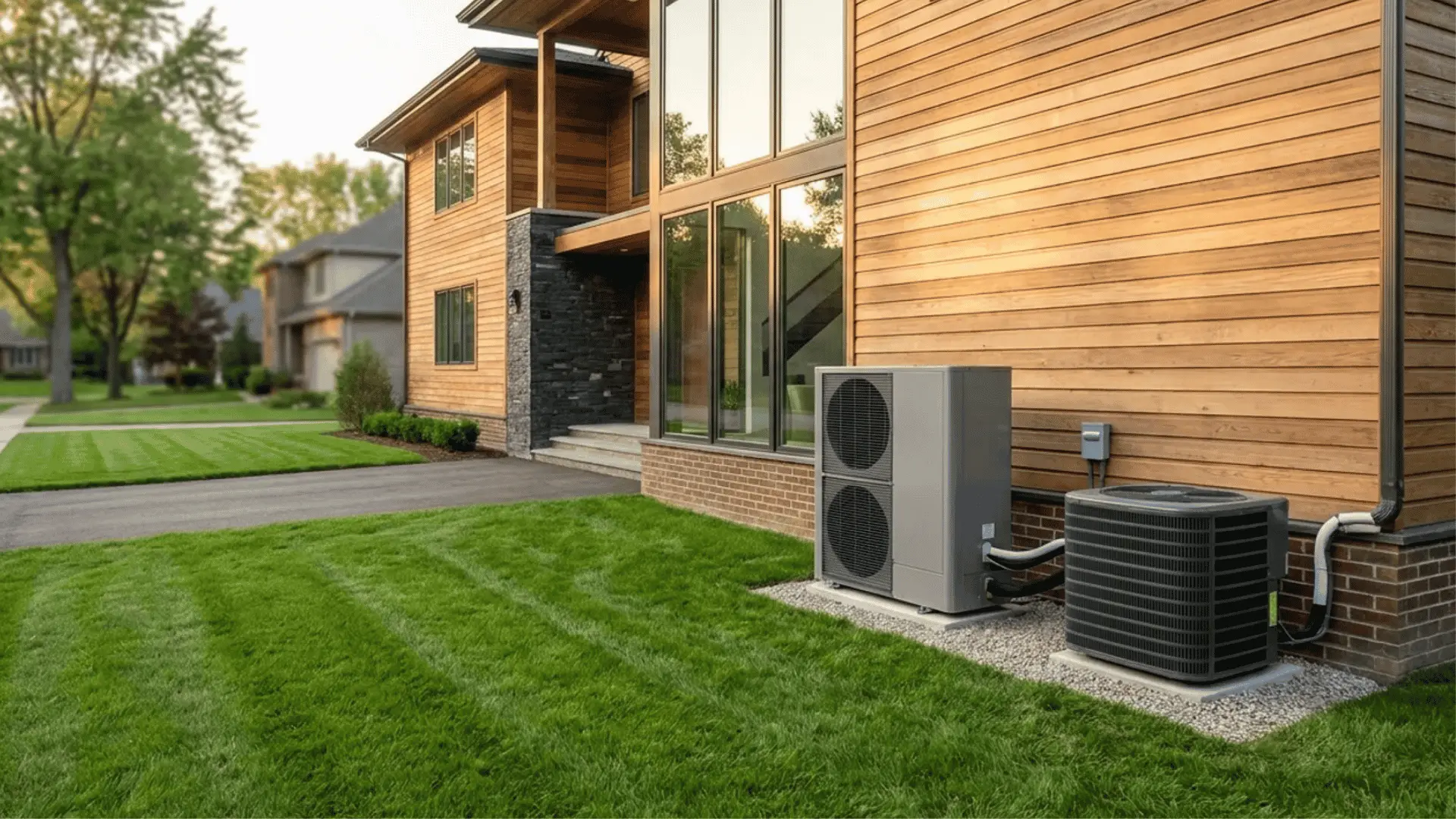 Modern wooden house exterior with HVAC unit on manicured lawn in residential neighborhood