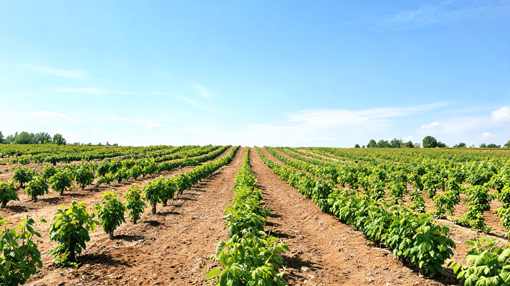 Rows of raspberry plants growing in an open field under a clear sky