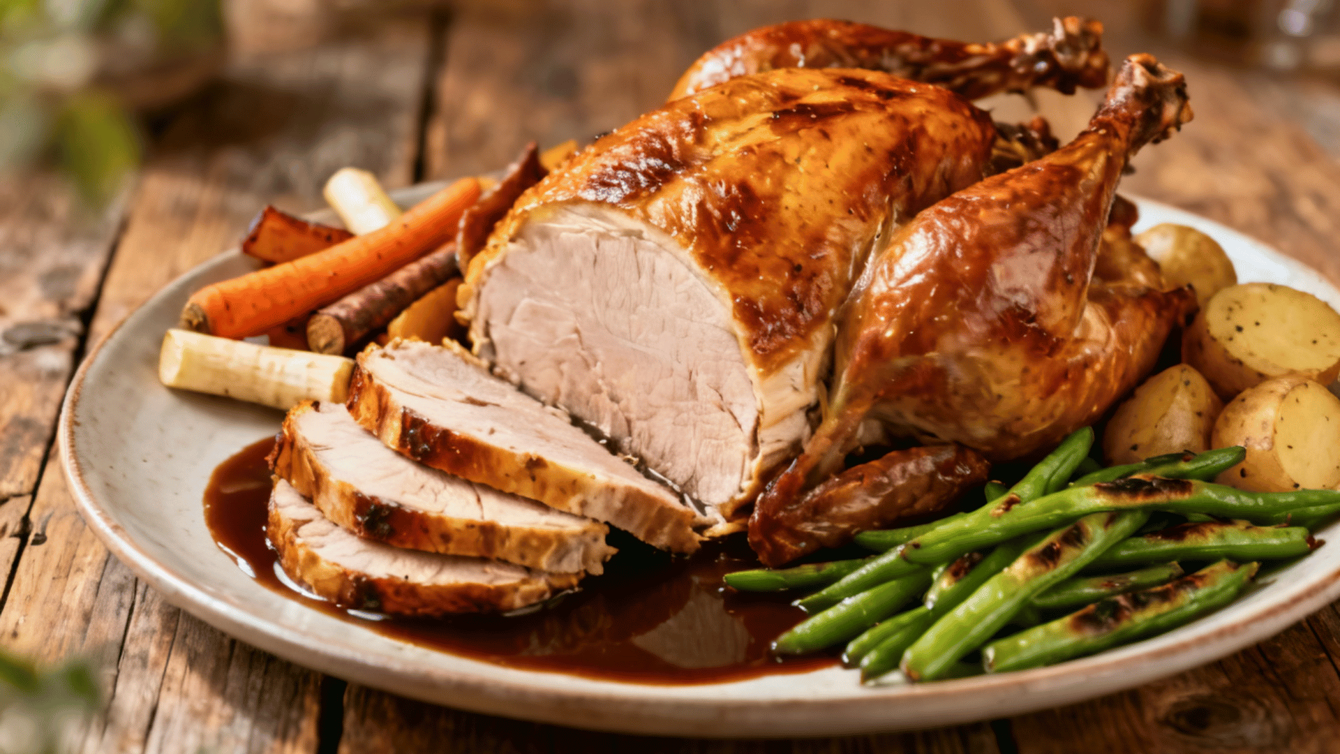 roast turkey slices with green beans, potatoes, and roasted vegetables served on a rustic dinner plate with gravy on a wooden table