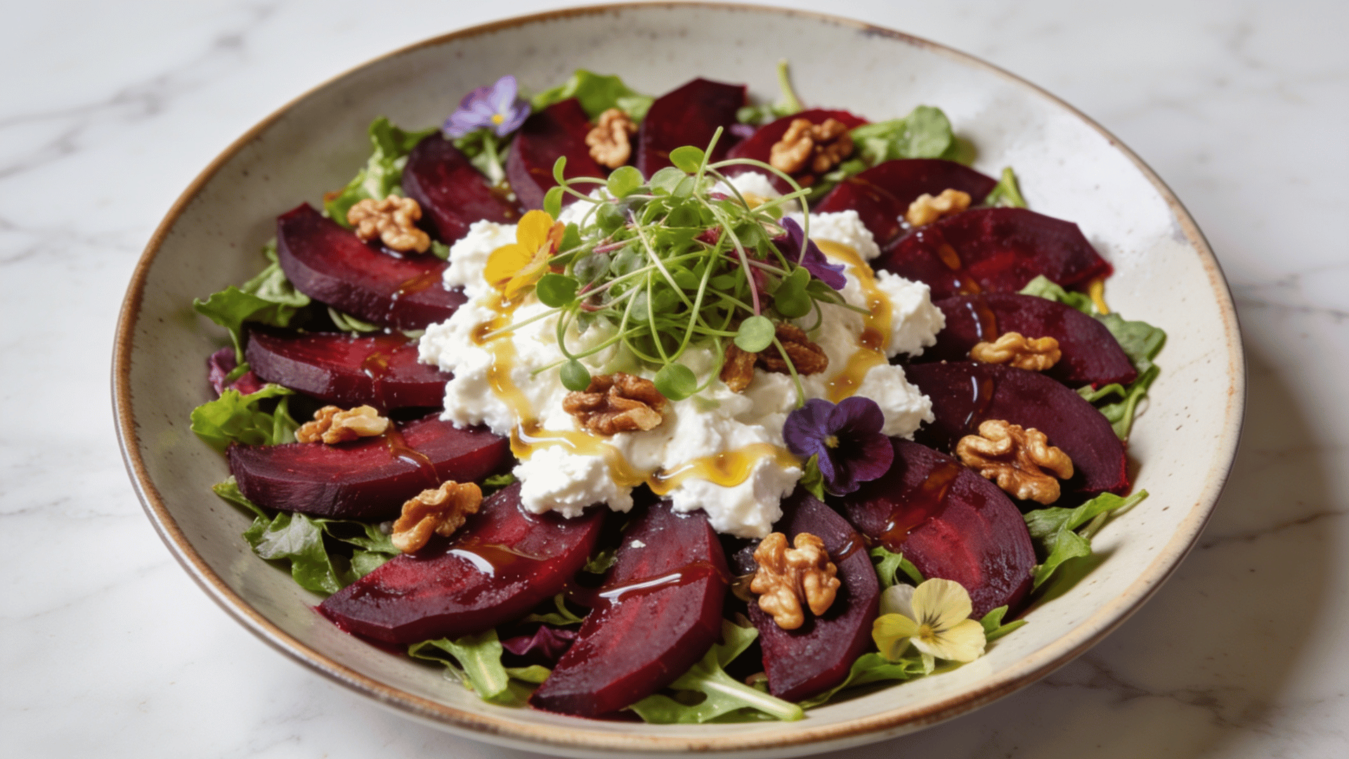 roasted beet and goat cheese salad with mixed greens, walnuts, microgreens, and a light vinaigrette dressing in a bowl
