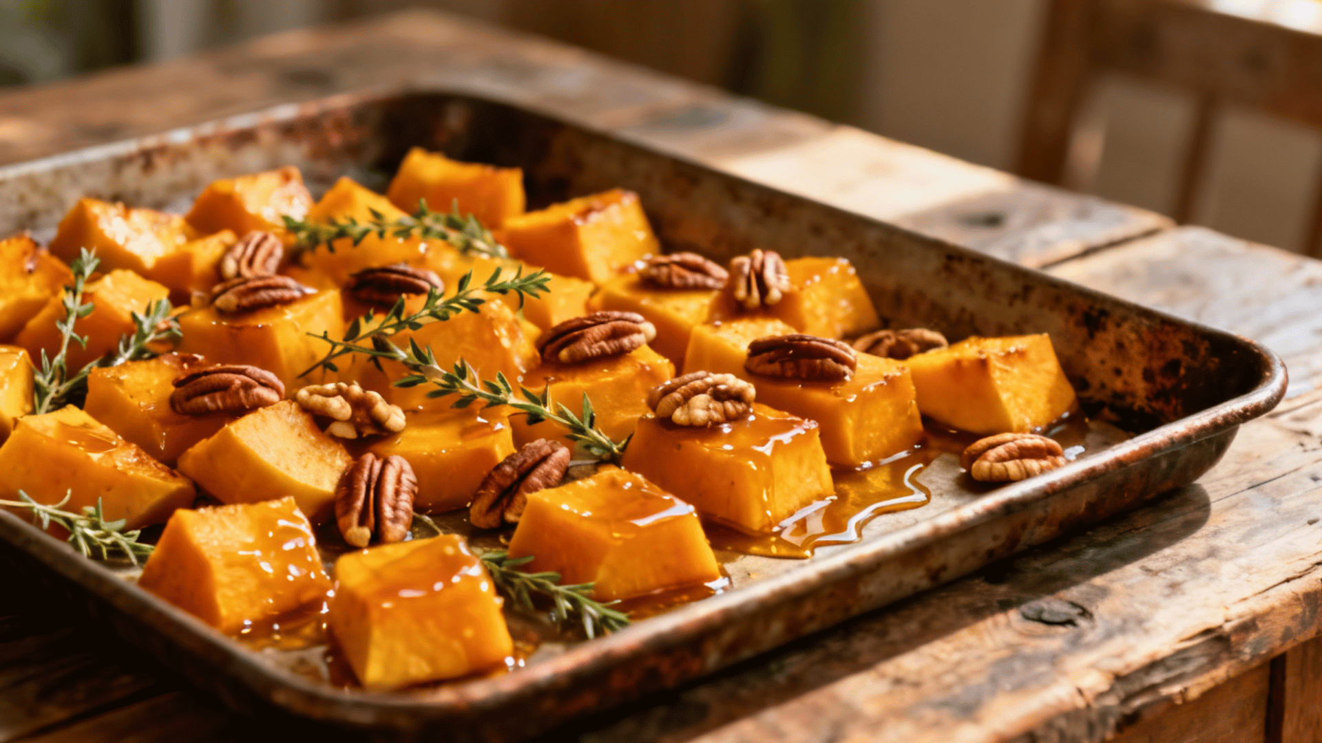 roasted butternut squash cubes glazed with maple syrup and topped with pecans and fresh thyme on a baking tray