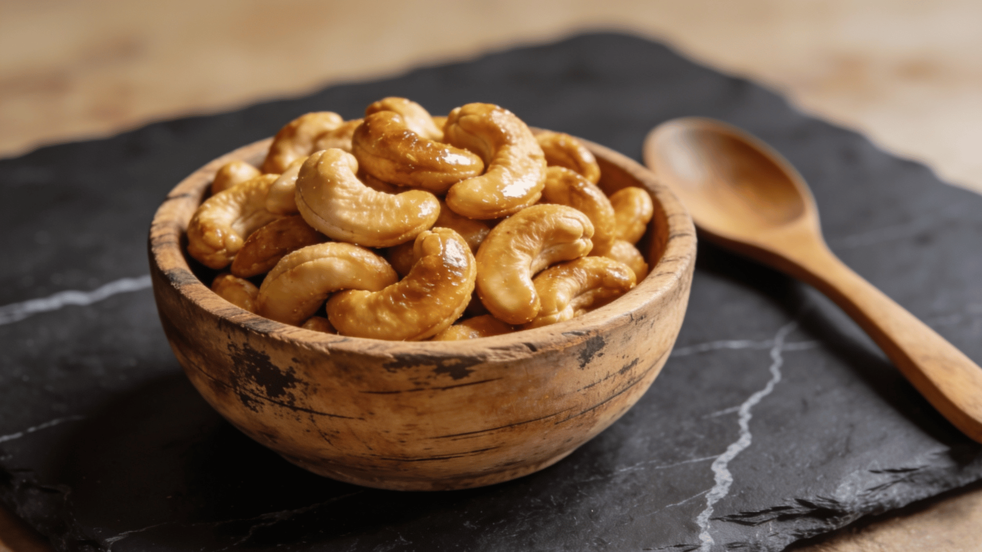 roasted cashews in a rustic wooden bowl on a dark slate surface with a wooden spoon beside the snack bowl