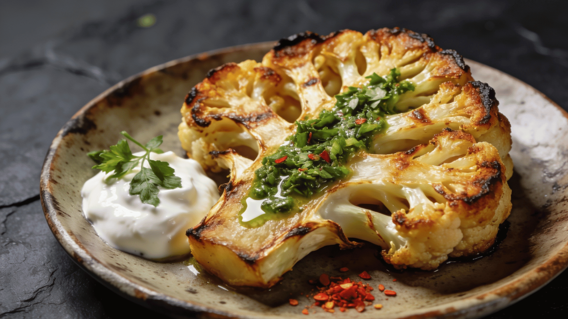 roasted cauliflower steak topped with herb sauce and served with a creamy yogurt dip on a rustic plate