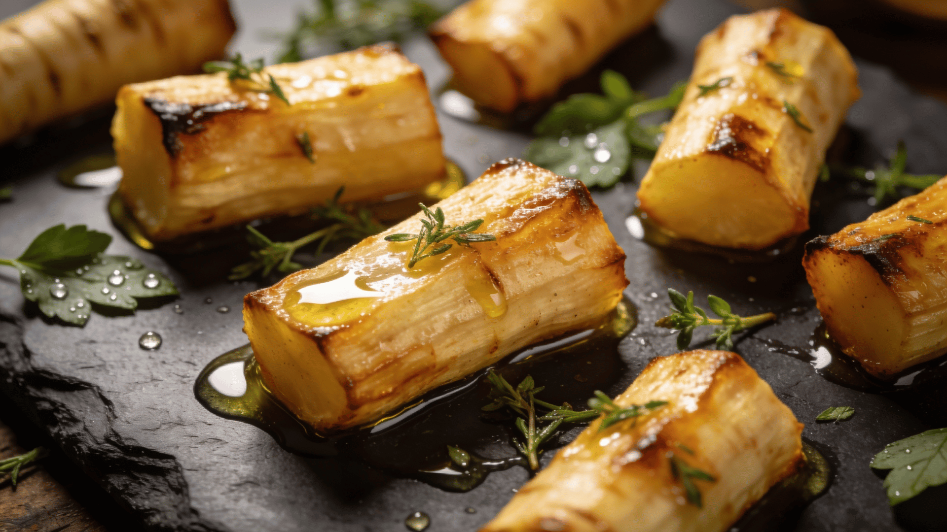 roasted parsnips glazed with honey and herbs, served on a dark platter with a golden caramelized finish and fresh thyme garnish