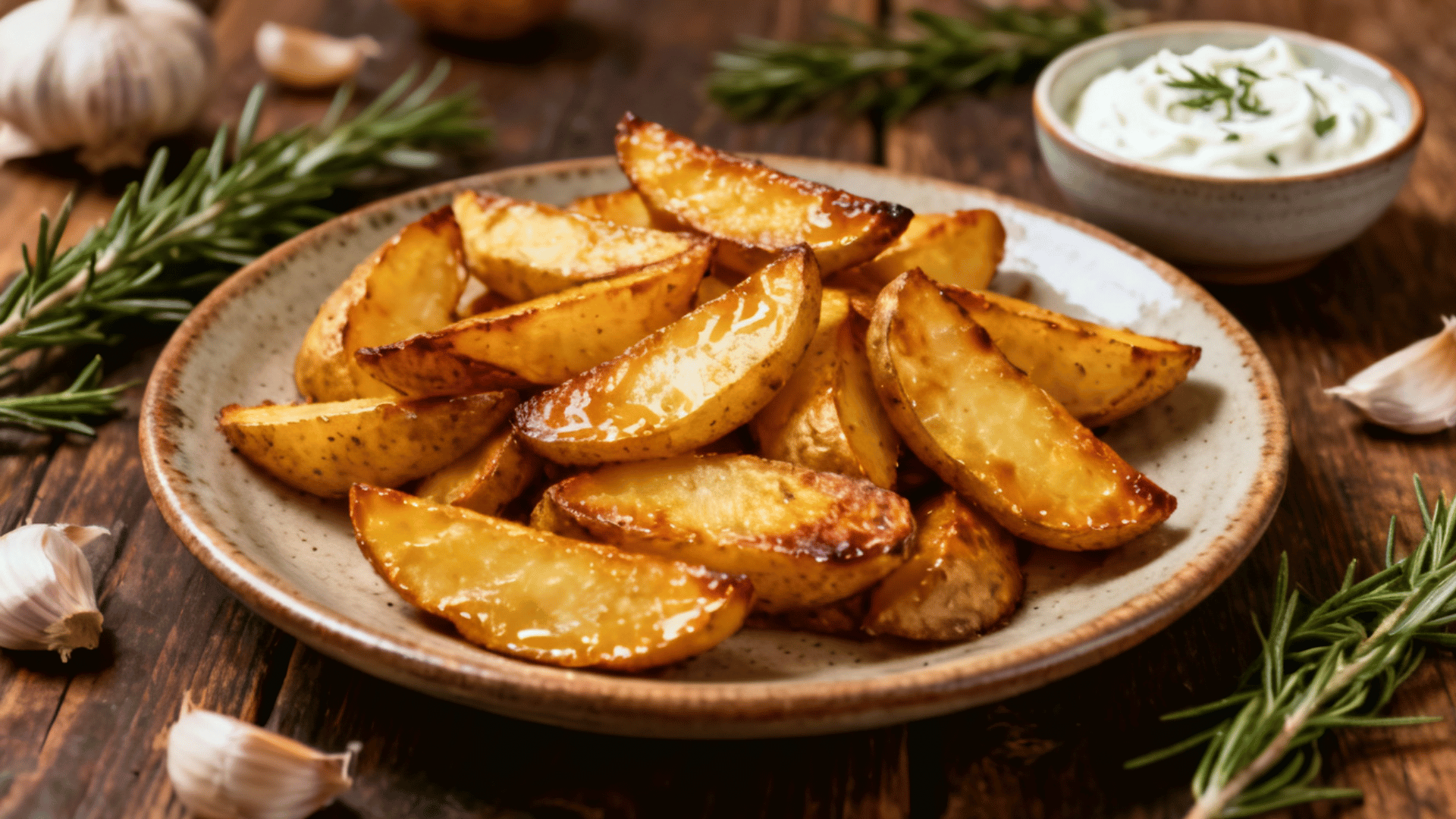 roasted potato wedges served with garlic, fresh rosemary, and a creamy herb dip on a rustic wooden table
