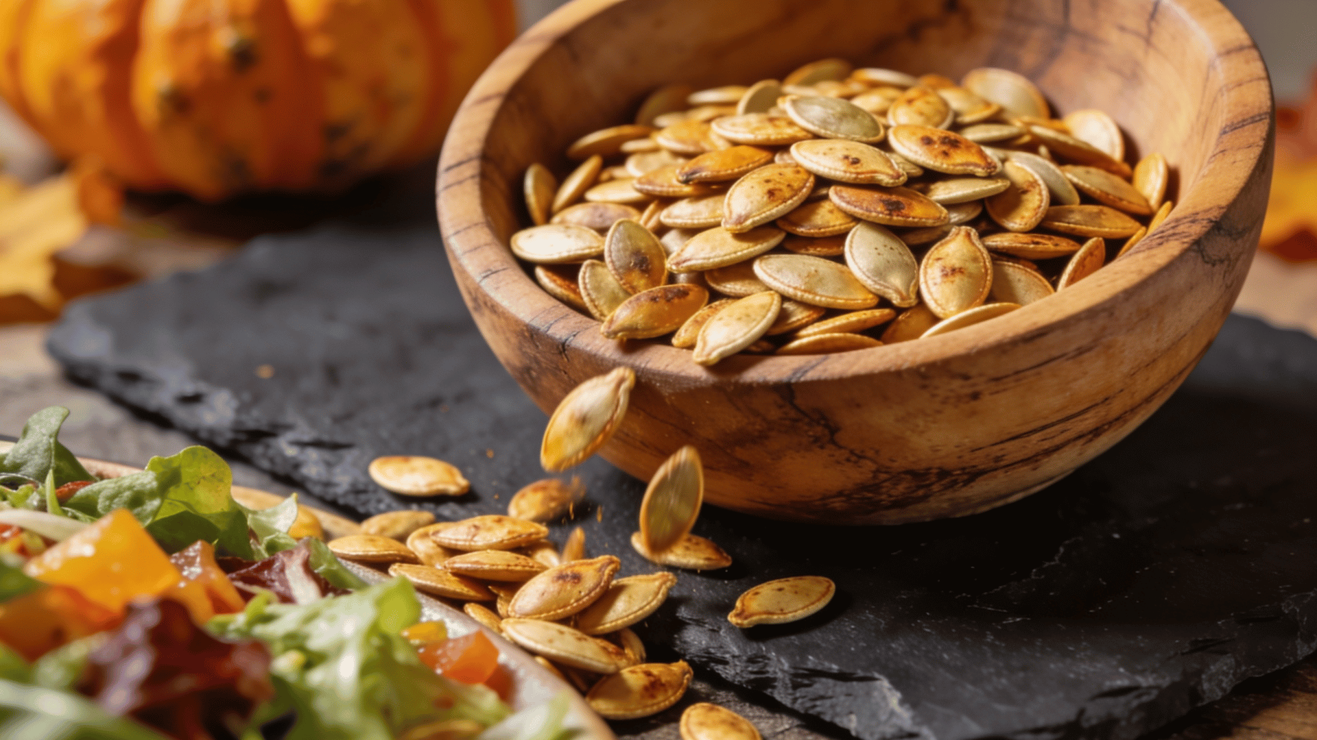 roasted pumpkin seeds in a wooden bowl with a few scattered on a slate surface, served alongside a fresh mixed salad