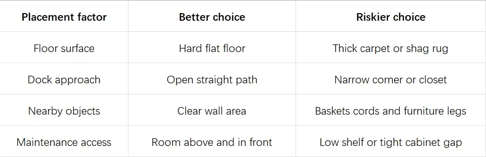 Comparison table of placement factors with better and riskier choices for surfaces and objects