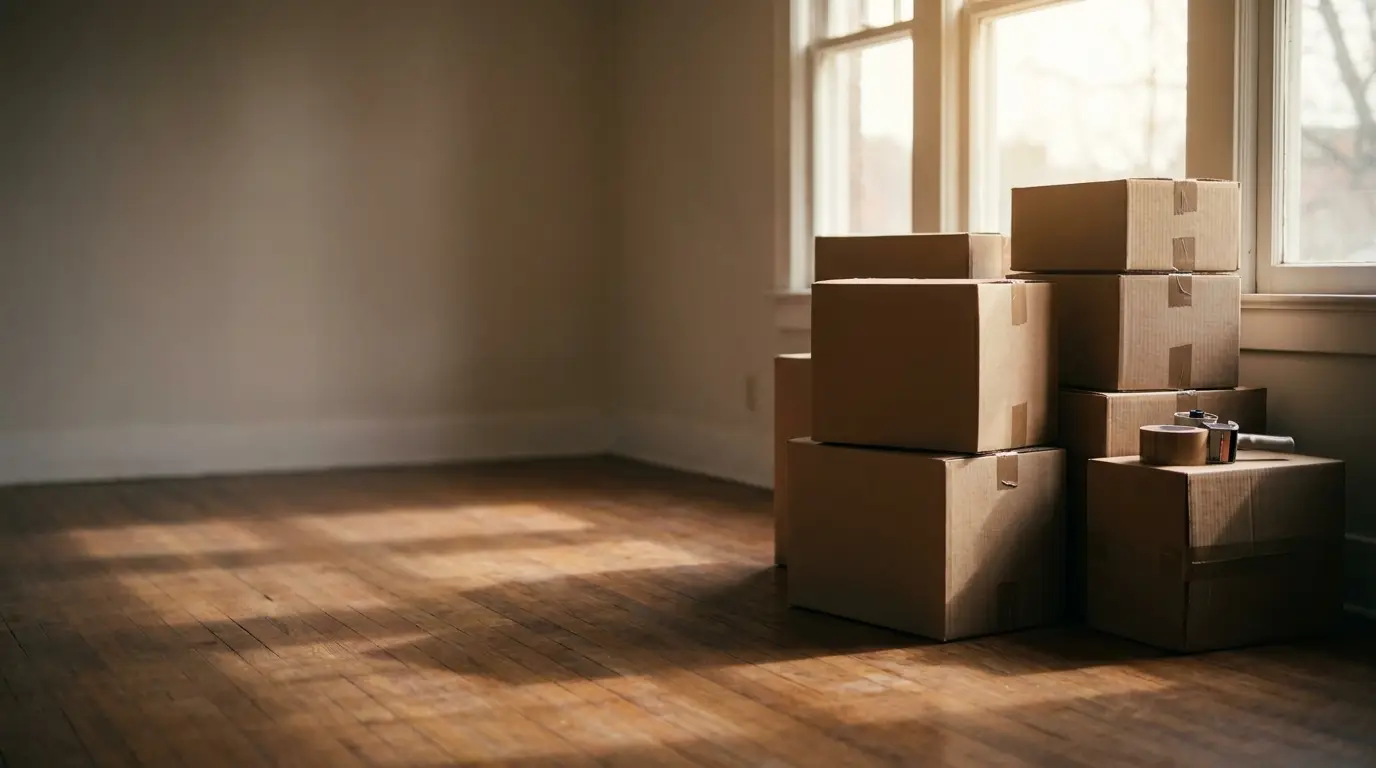 Cardboard boxes stacked in empty sunlit room with wooden floorboards