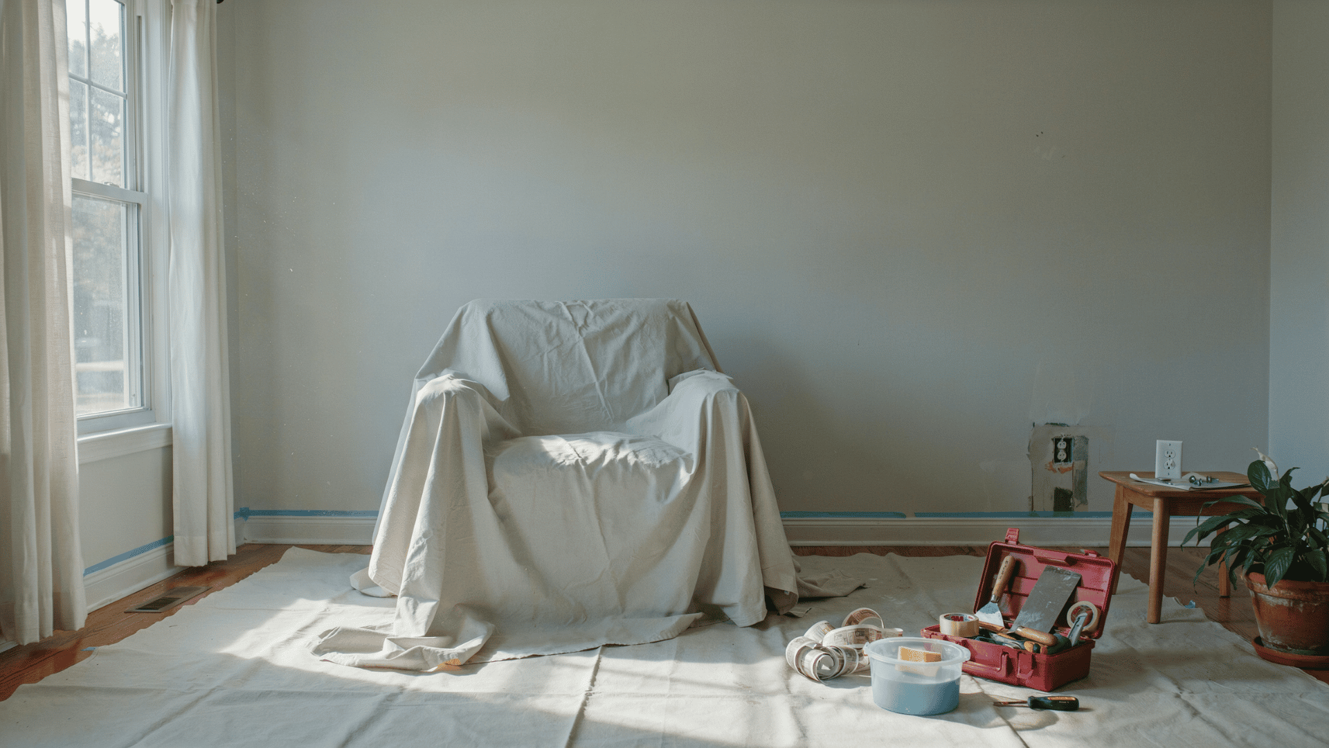 Room prepared for wallpaper removal with covered furniture, drop cloths, painter’s tape, and tools on the floor.