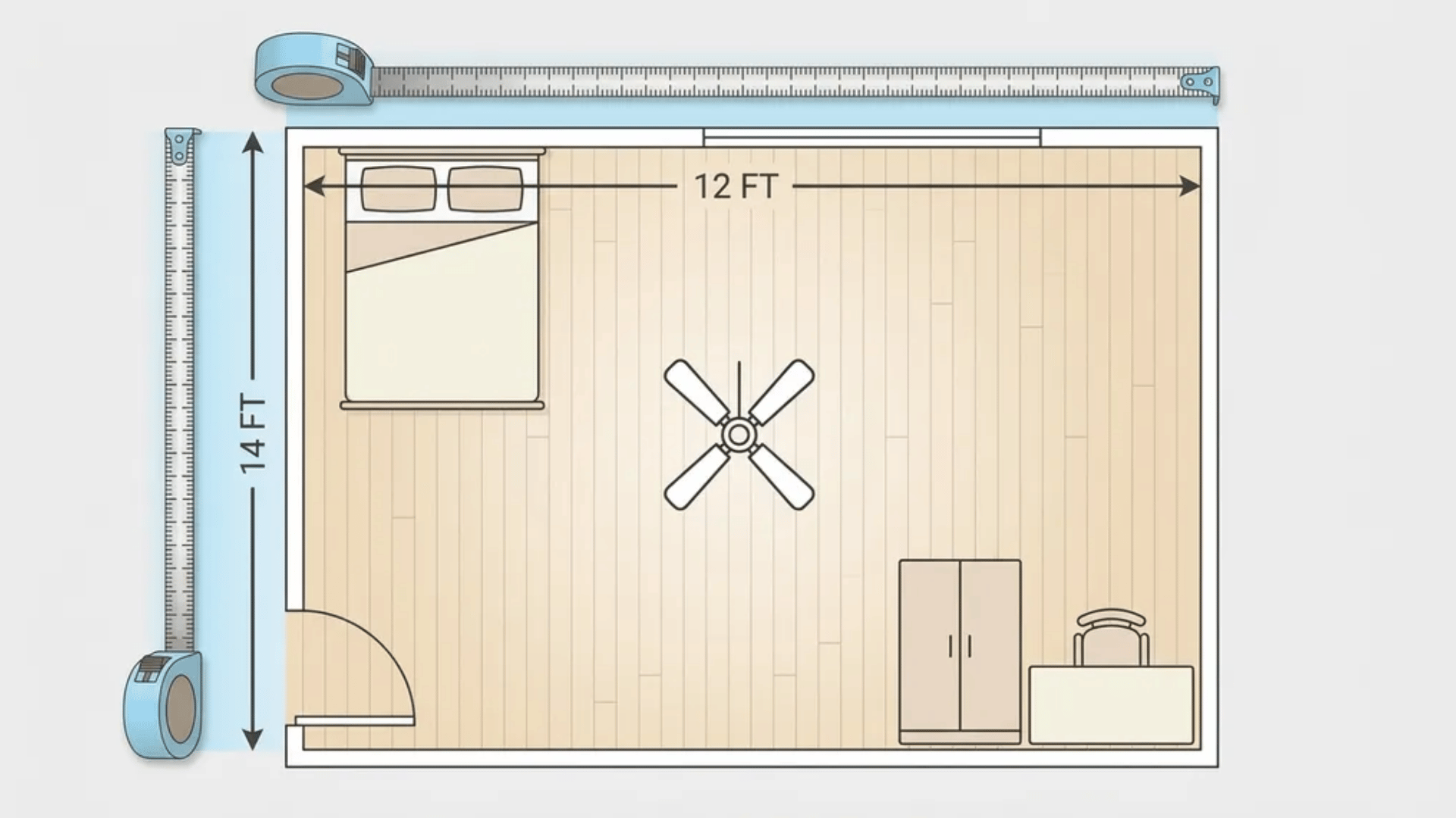 Bedroom floor plan showing a 12 by 14 foot room layout with a ceiling fan placement and furniture arrangement.