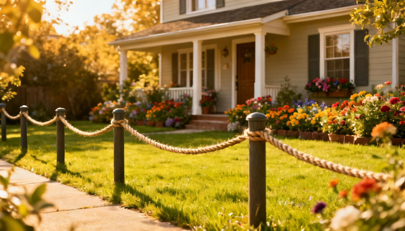 rope and post fence bordering a cottage-style front yard with colorful flower gardens, green lawn, and warm evening sunlight