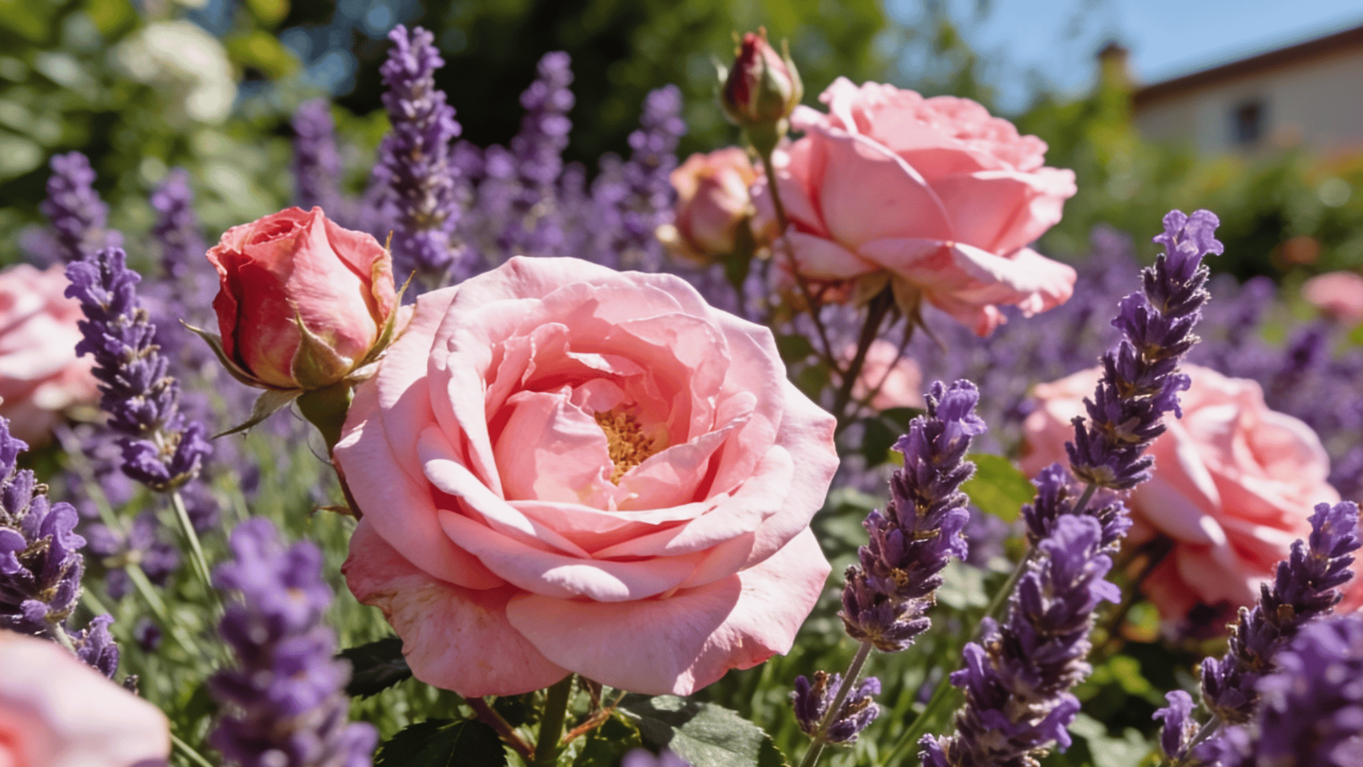 Pink roses blooming among purple lavender in a sunny garden bed.