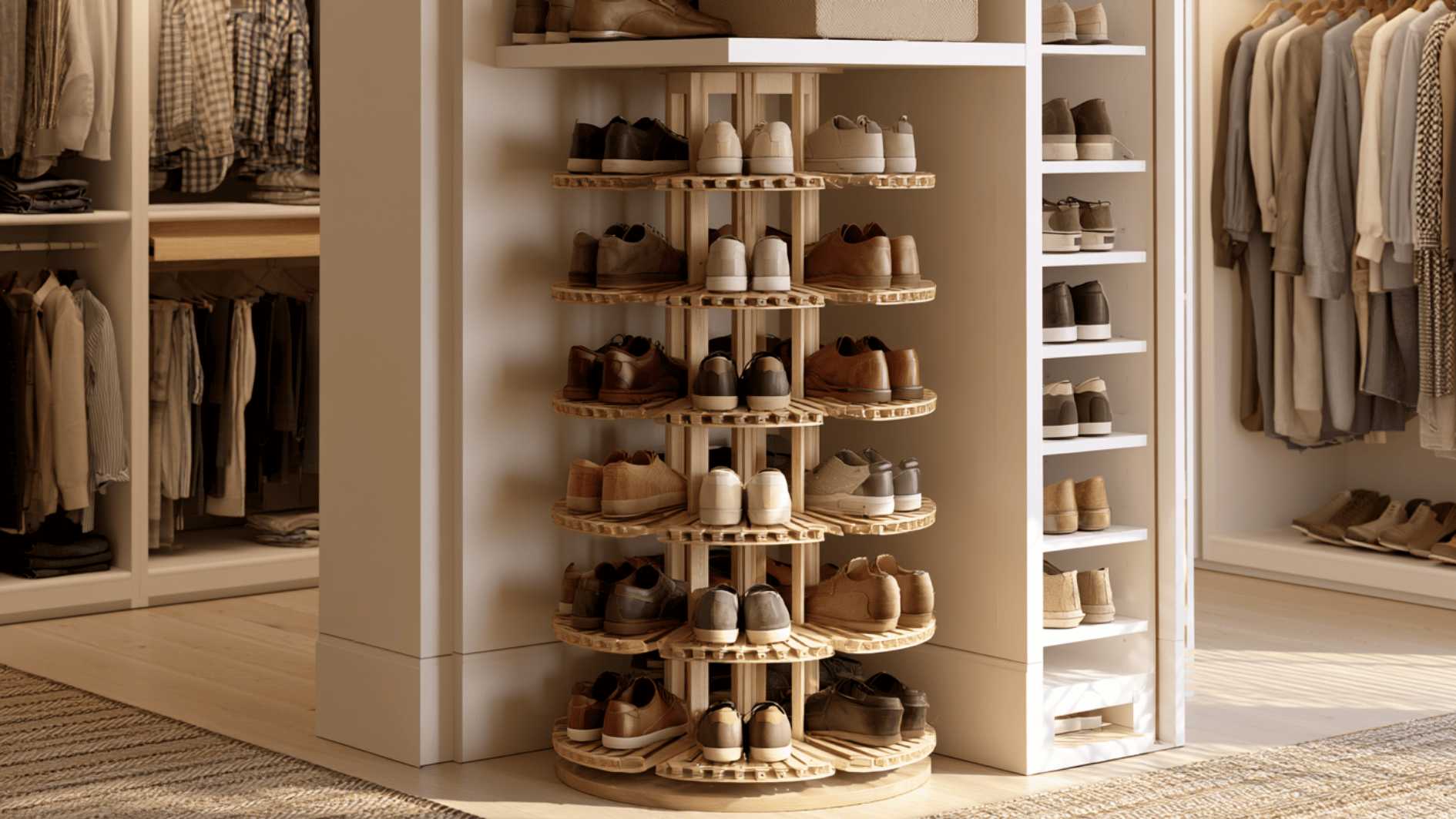 rotating circular shoe rack in closet with multiple pairs of shoes organized on tiered shelves