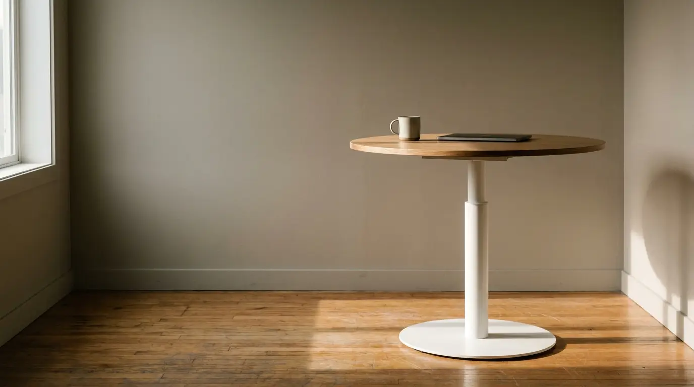 Round wooden table with mug and tablet, in sunlit minimalist room with wooden floor