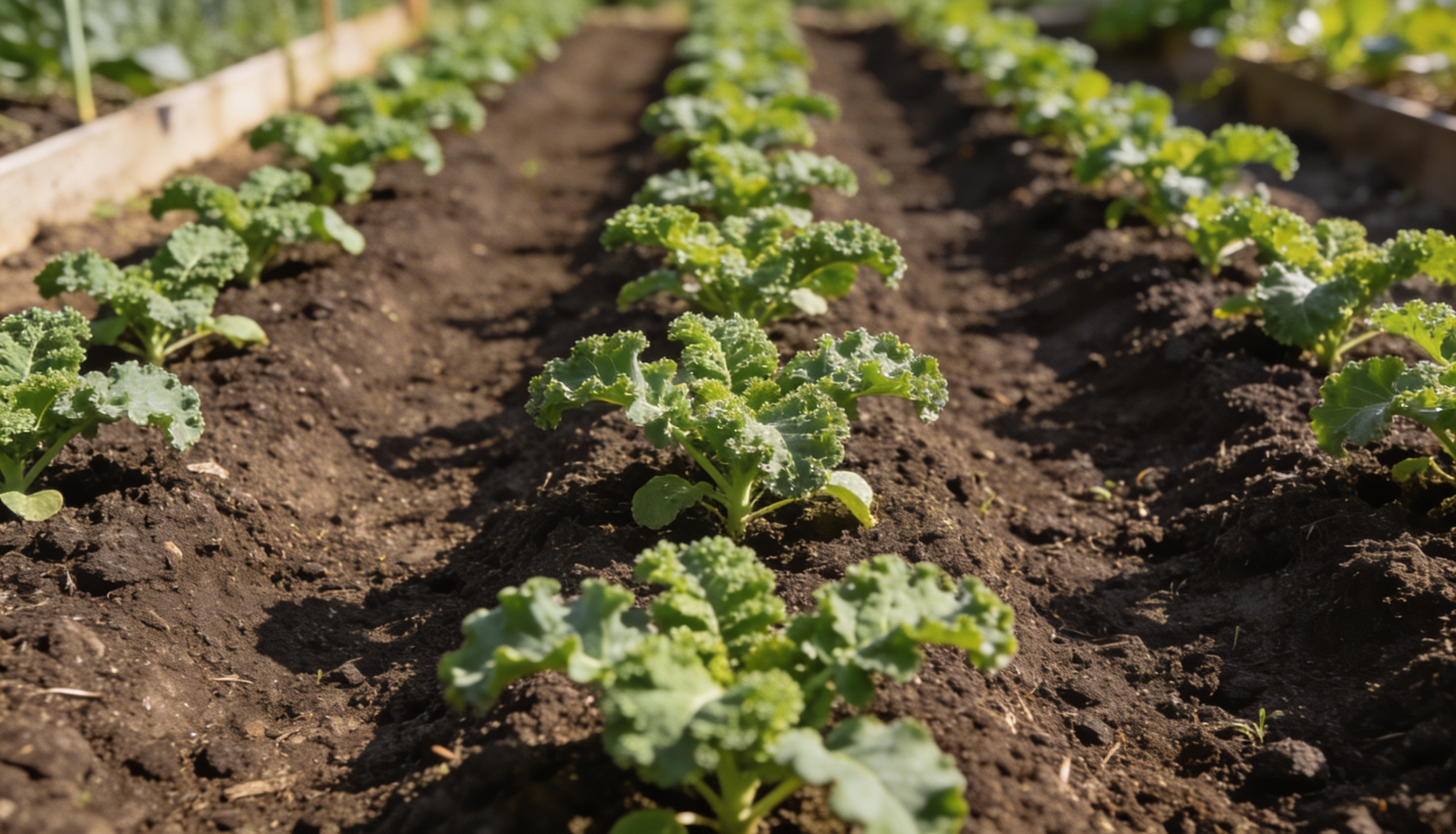 rows of healthy kale plants growing in a well-spaced garden bed with nutrient-rich soil and sunlight exposure