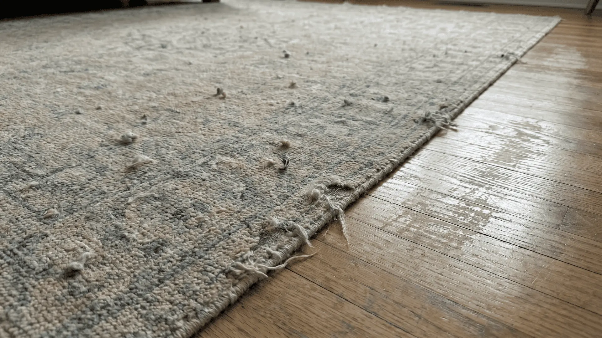 Rug surface with visible pilling and frayed edge in a worn area